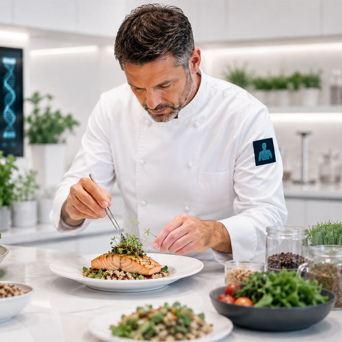 Chefs preparing fresh ingredients in a contemporary kitchen