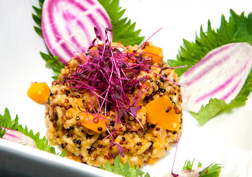Chef plating a dish in a bright kitchen